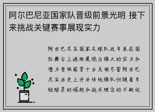 阿尔巴尼亚国家队晋级前景光明 接下来挑战关键赛事展现实力