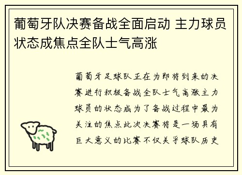 葡萄牙队决赛备战全面启动 主力球员状态成焦点全队士气高涨