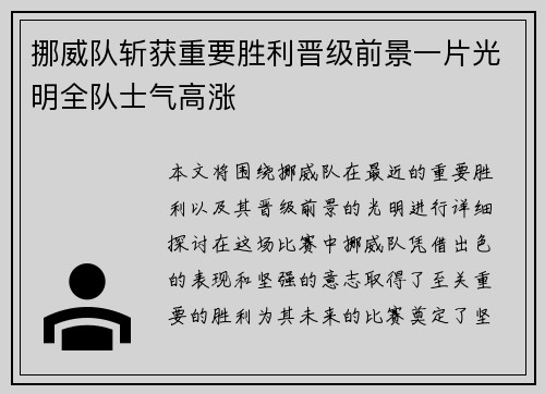 挪威队斩获重要胜利晋级前景一片光明全队士气高涨